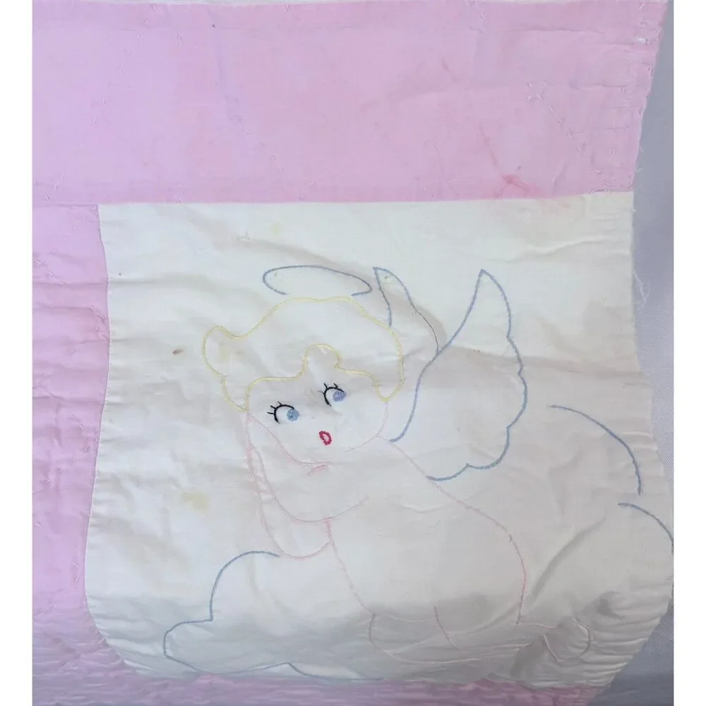 VTG Child Baby Crib Quilt Handmade Angel Pink Girl Sleep My Child Cottage Cherub